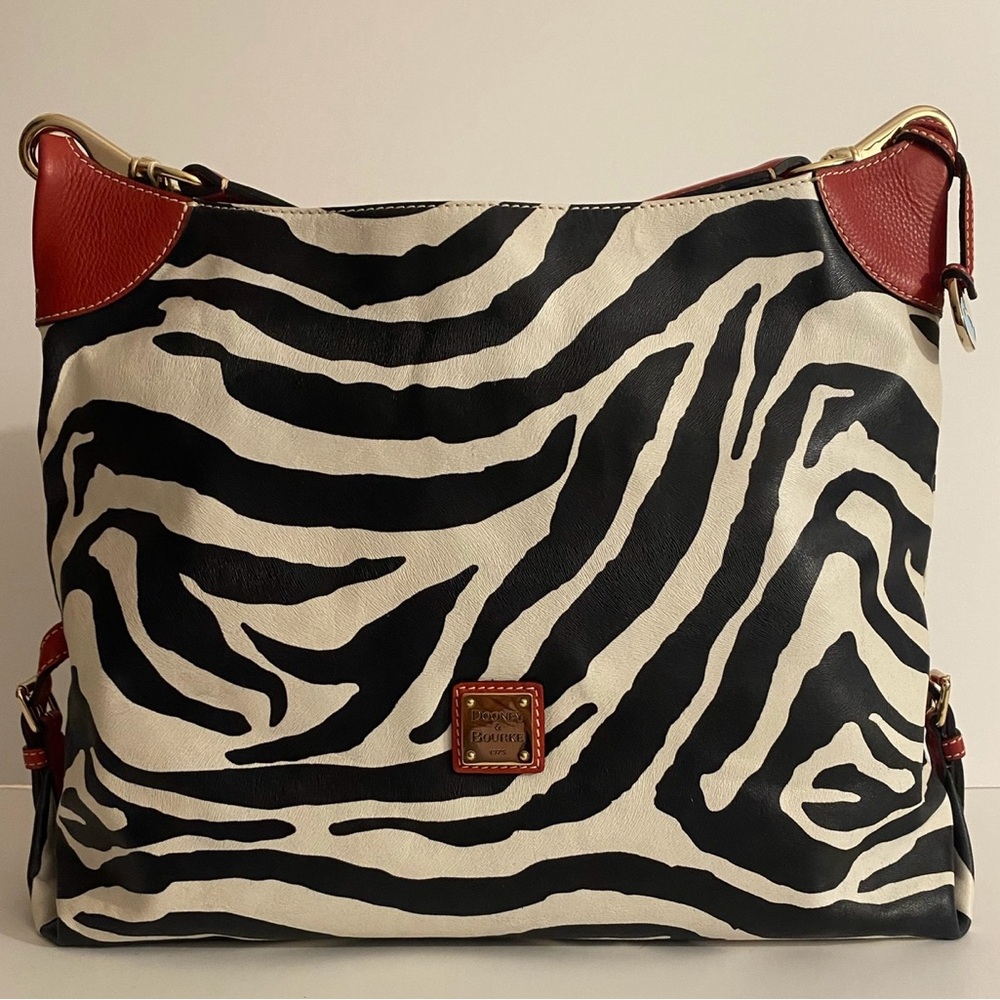 NWT2007 Dooney & Bourke Zebra-Print Leather Hobo - Black & Cream with Red Trim